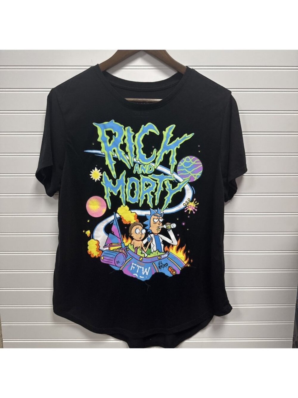 Womens Tshirt Rick And Morty Neon Bright Spaceship Black Shirt Soft Knit Sz XXL